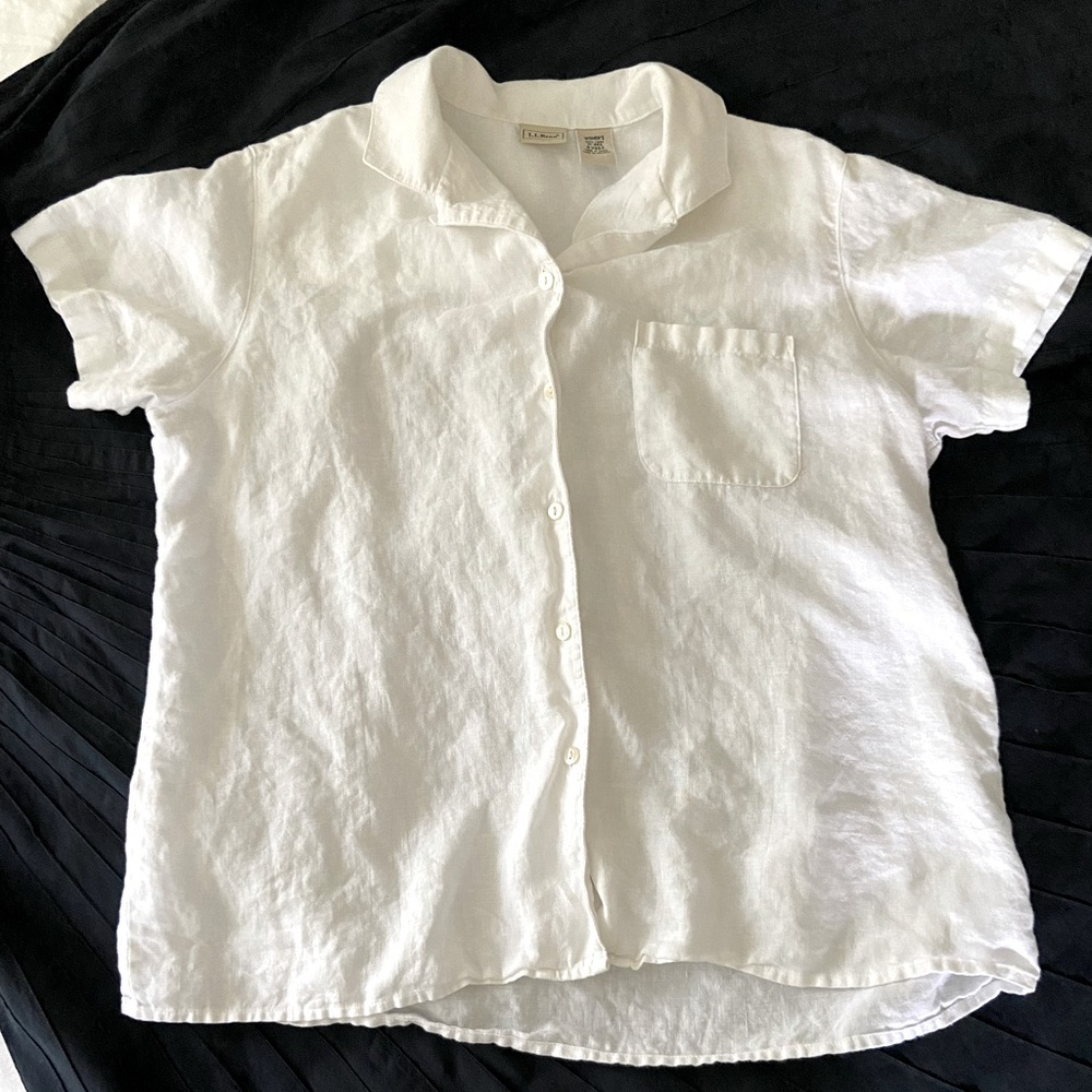 L.L. Bean white short-sleeved linen blouse